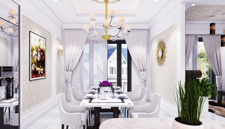 Đèn chùm lớn, thiết kế cầu kỳ tôn lên vẻ đẹp sang trọng cho phòng ăn.