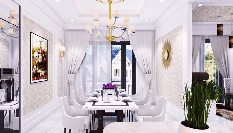 Đèn chùm lớn, thiết kế cầu kỳ tôn lên vẻ đẹp sang trọng cho phòng ăn.