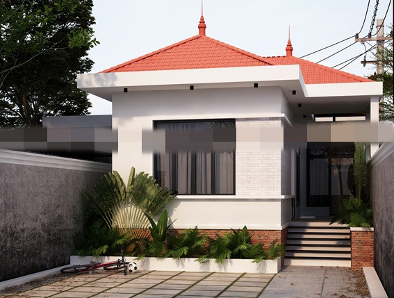 Mặt tiền nhà ống 1 tầng được thiết kế dạng giả biệt thự, hệ thống mái vẫn văng đua để che mưa. Ảnh: Kientrucgiangnguyen.