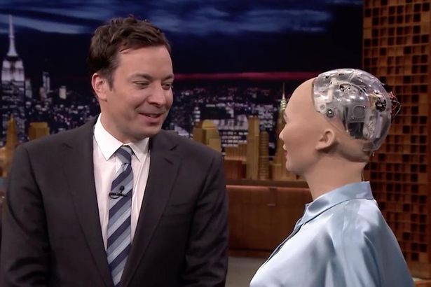 Nhờ đó, Sophia có thể giao tiếp với con người bằng cả giọng nói và ánh mắt. Ảnh: Mirror.