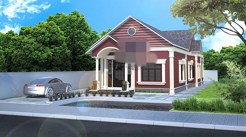 Nhà cấp 4 mái thái kiểu chữ L sân vườn có phần trước được để ra 4m rộng để phối cảnh ngoại thất. Ảnh: Achitectviet.