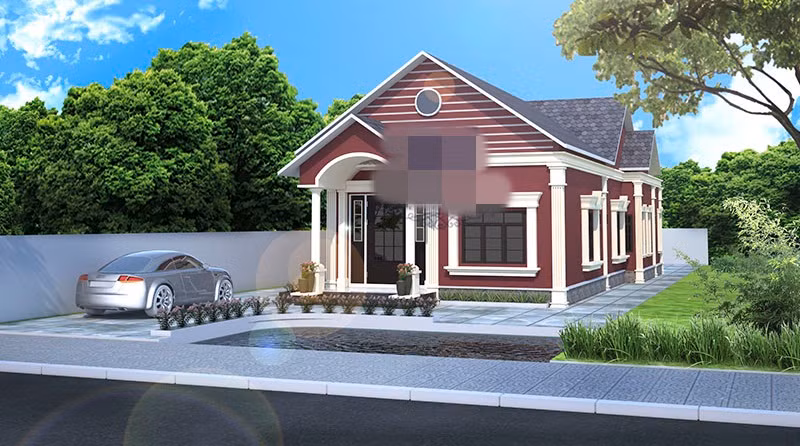 Nhà cấp 4 mái thái kiểu chữ L sân vườn có phần trước được để ra 4m rộng để phối cảnh ngoại thất. Ảnh: Achitectviet.