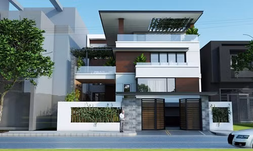 Biệt thự mini 4 tầng hiện đại tích hợp không gian nhỏ làm sân vườn đẹp mắt, cây leo ở phần mái các tầng, gara ô tô được thiết kế ở tầng 1. Ảnh: Kientrucadong.