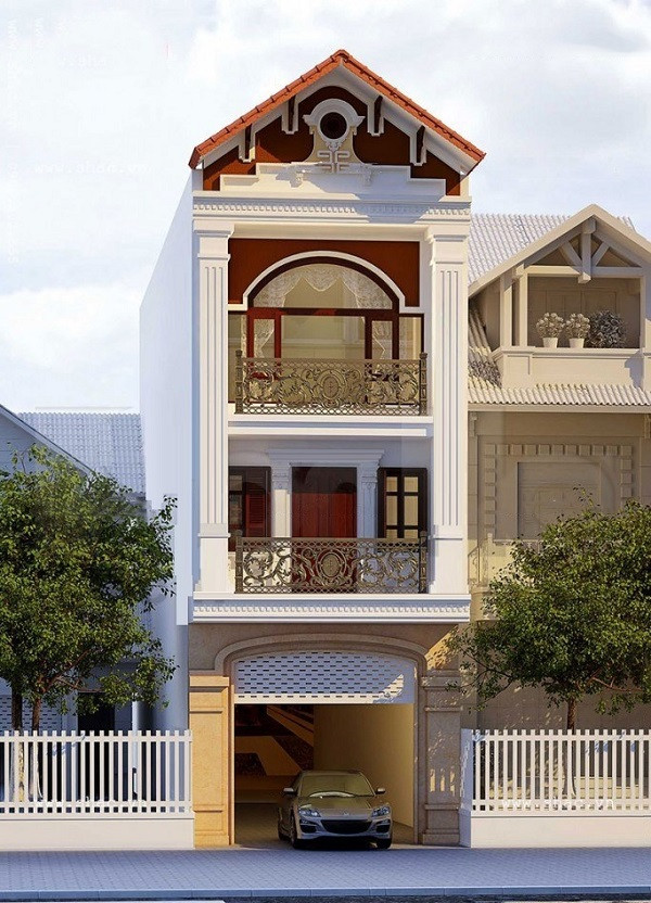 Mẫu nhà phố cổ điển có gara để xe hiện đại. Ảnh: Apdesign.