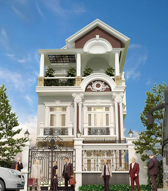 Nét đẹp đặc trưng của mẫu nhà phố được thể hiện ở thiết kế mái theo kiến trúc Pháp. Mái ôm trọn lấy diện tích xây dựng khiến ngôi nhà gọn gàng và thanh thoát hơn. Ảnh: Arhome.