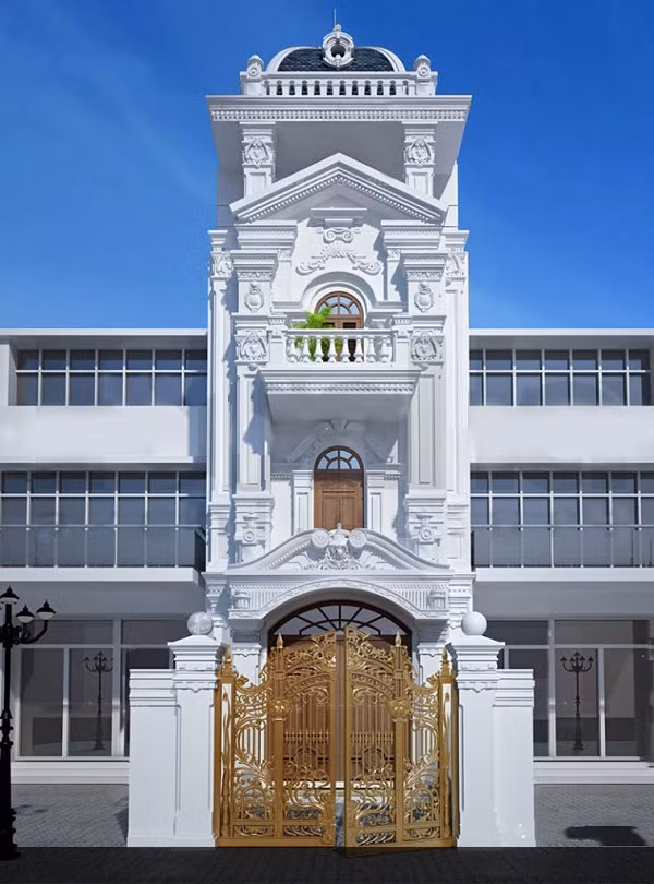 Trụ cột vuông khỏe khoắn xen lẫn mái vòm tạo điểm nhấn cho công trình. Ảnh: Apdesign.