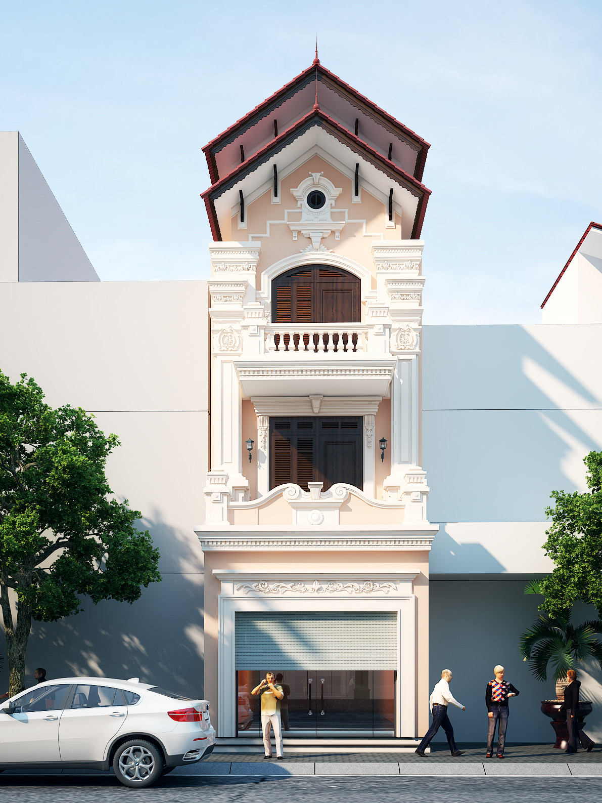 Kiến trúc cổ hoàng gia được thể hiện trọn vẹn trên mặt tiền của nhà phố 3 tầng. Ảnh: Xaydungphuclam.