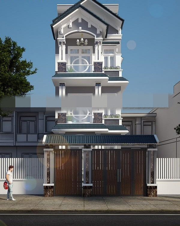 Ngôi nhà 3 tầng phong cách bán cổ điển nổi bật với hệ thống mái thái đẹp mắt và cân đối. Ảnh: Kientrucnhaviet.