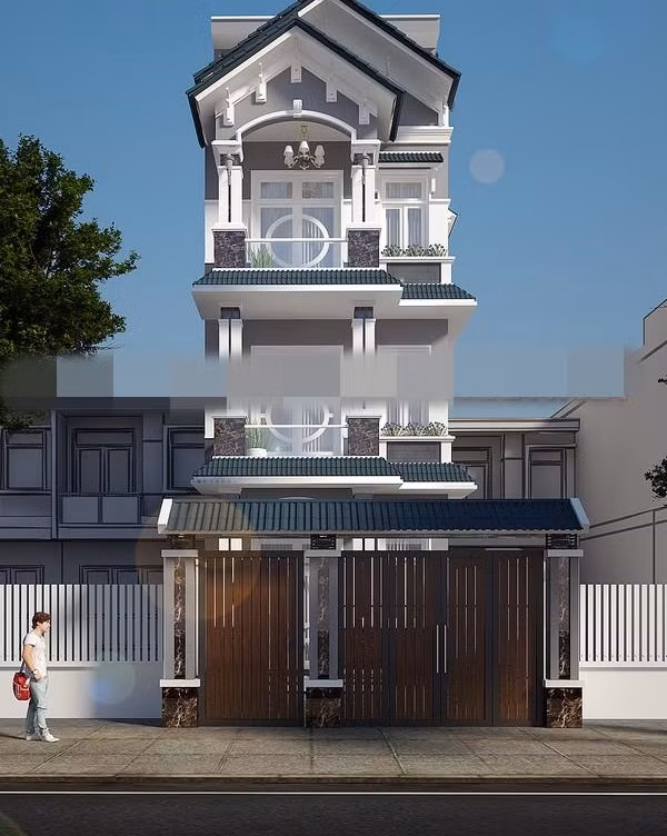 Ngôi nhà 3 tầng phong cách bán cổ điển nổi bật với hệ thống mái thái đẹp mắt và cân đối. Ảnh: Kientrucnhaviet.