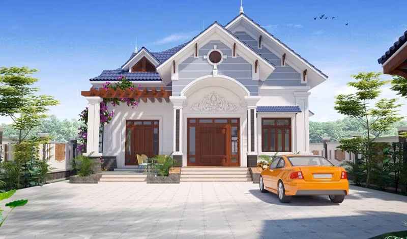 Biệt thự 1 tầng 6 phòng ngủ mang kiến trúc độc đáo và mới lạ, hợp với phong cảnh hữu tình của những vùng quê Bắc Bộ Việt Nam. Ảnh: Thietkenhadepaau.