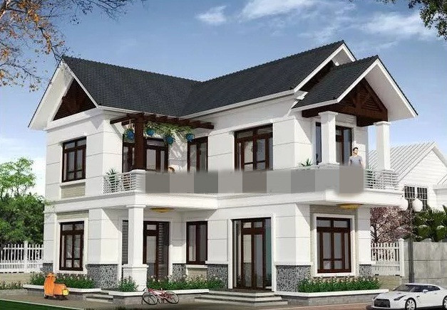 Nhà 2 tầng 90m2 mái thái mang phong cách giả biệt thự mini. Ảnh: Thietkenhadepmoi.