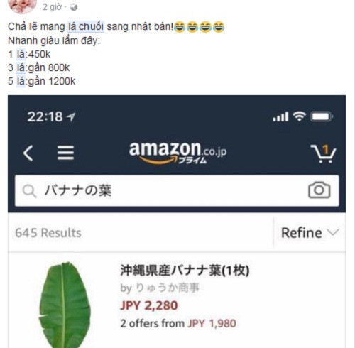 Mới đây, cộng đồng mạng vô cùng xôn xao trước tin lá chuối Việt Nam được cửa hàng online trên Amazon Nhật Bản bán với giá 2.280 yen/lá (gần 500.000 đồng). Ảnh: FB Quắt Linh.