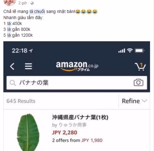 Mới đây, cộng đồng mạng vô cùng xôn xao trước tin lá chuối Việt Nam được cửa hàng online trên Amazon Nhật Bản bán với giá 2.280 yen/lá (gần 500.000 đồng). Ảnh: FB Quắt Linh. Mới đây, cộng đồng mạng vô cùng xôn xao trước tin lá chuối Việt Nam được cửa hàng online trên Amazon Nhật Bản bán với giá 2.280 yen/lá (gần 500.000 đồng). Ảnh: FB Quắt Linh.