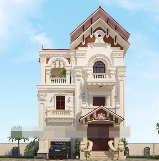 Biệt thự phố 3 tầng kiểu Pháp mềm mại và rạng ngời với hệ thống mái ngói đỏ bắt mắt. Ảnh: Housevn.