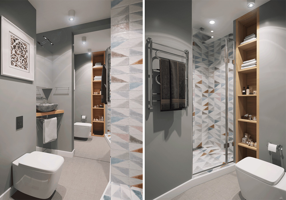 Phòng tắm hiện đại, có chiều sâu với thiết kế đơn giản, ốp gạch hoa.