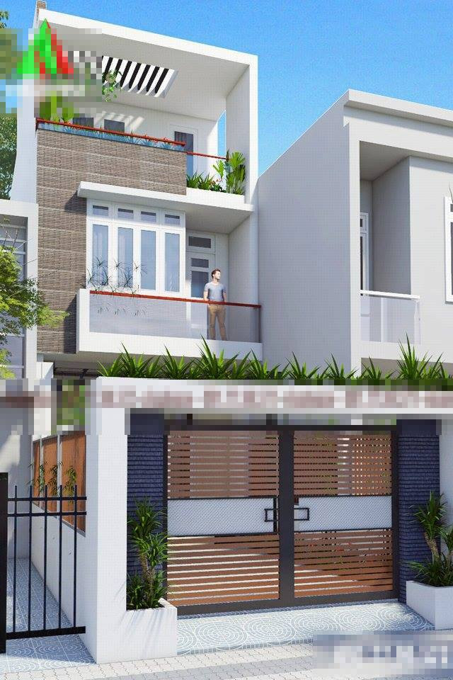 Mẫu nhà phố lệch tầng thiết kế 3 phòng ngủ khép kín, cầu thang có giếng trời và tiểu cảnh phù hợp ở thành phố và thị xã. Ảnh: Maunhadepvn.