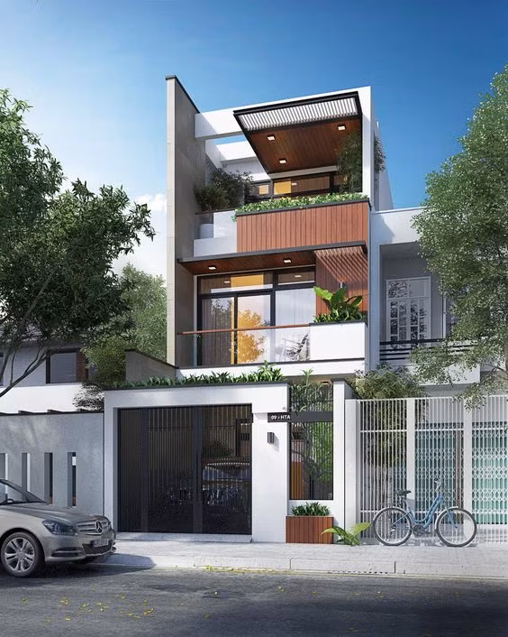 Ngôi nhà 3 tầng mang đến hơi thở hiện đại nhưng vô cùng gần gũi nhờ thiết kế cây xanh và chất liệu gỗ quen thuộc. Ảnh: Xaynhapho.