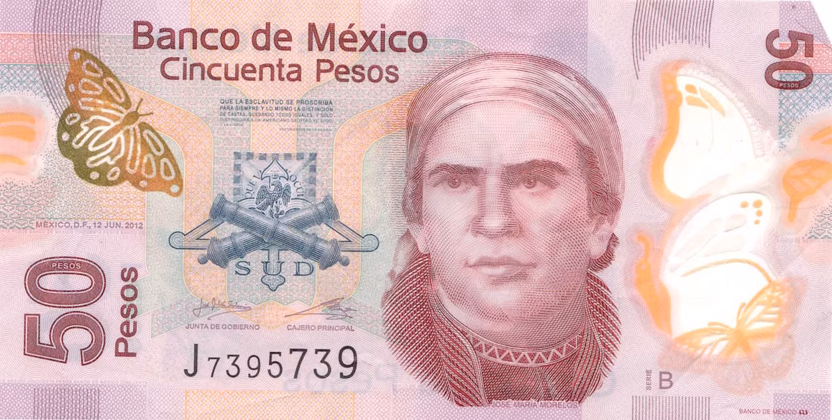Đồng 50 peso của Mexico làm từ polymer ép thành lớp, đồng thời có thể đổi màu ở góc độ khác nhau. Ảnh: Wiki.