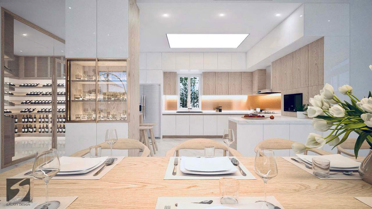 Khu vực bếp rộng, có không gian riêng dành cho phòng rượu.