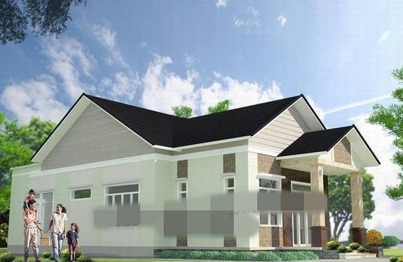 Mẫu thiết kế nhà cấp 4 chữ L 3 phòng ngủ mái thái có tông màu xanh đen. Ảnh: Thietkenhadepmoi.