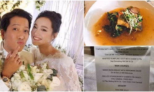 Có thể thấy cặp đôi Trường Giang - Nhã Phương đã chọn một menu sơn hào hải vị, chế biến chuẩn phong cách Tây đãi khách trong ngày trọng đại.