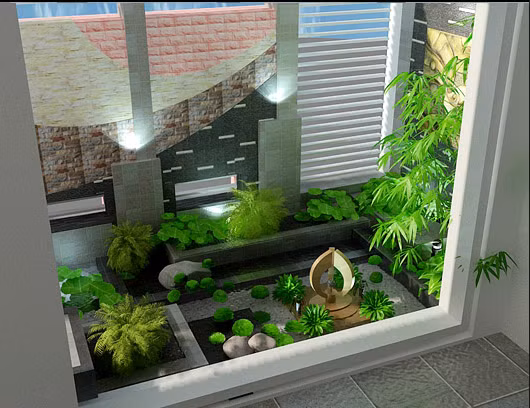 Kết hợp giếng trời với những bức tường đá mộc mạc. Ảnh: Tieucanhsanvuon24h.