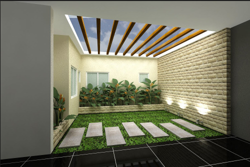 Giếng trời chan hòa ánh nắng, cỏ xanh hoa lá là điều tuyệt vời trong không gian ngôi nhà hiện đại. Ảnh: Tieucanhsanvuon24h.