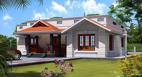 Nhà mái bằng 1 tầng cách tân với phần hiên phía trước là mái ngói đỏ vừa tạo tính thẩm mỹ vừa có tác dụng che nắng mưa. Ảnh: Internet.