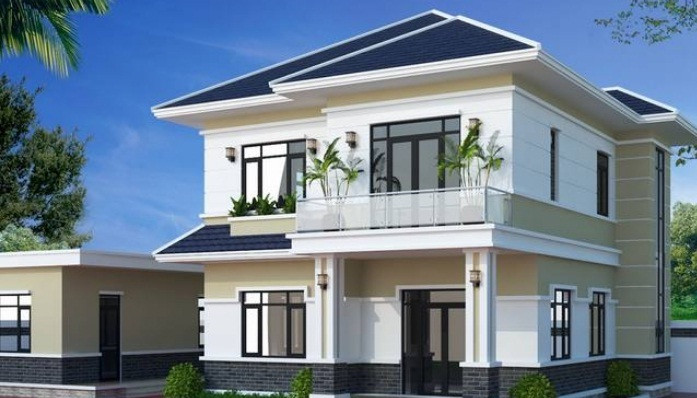 Nhà vuông 2 tầng nổi bật với ngoại thất sơn màu trắng và mái lợp ngói màu xanh ghi thanh thoát. Ảnh: Thietkenhadepmoi.