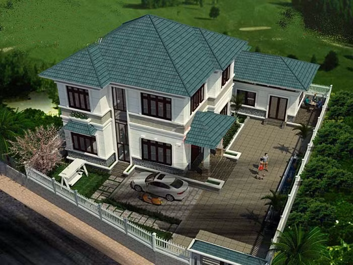 Nhà 2 tầng mái thái thiết kế vuông vức, toát lên vẻ đẹp hiện đại trẻ trung trong phong cách. Ảnh: Ytuongnhadep.