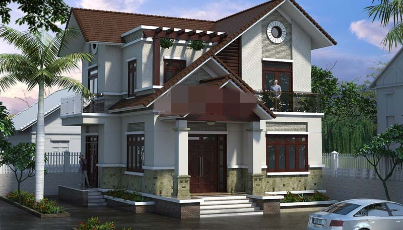 Thiết kế nhà 2 tầng 80m2 hình vuông, 3 phòng ngủ. Mái ngói màu nâu mang lại vẻ đẹp khỏe khoắn mà sang trọng. Ảnh: Angcovat.