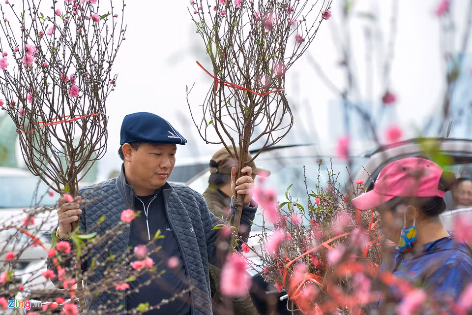 Anh Quyết chọn mua hai cành đào phai để trang trí nhà cửa.