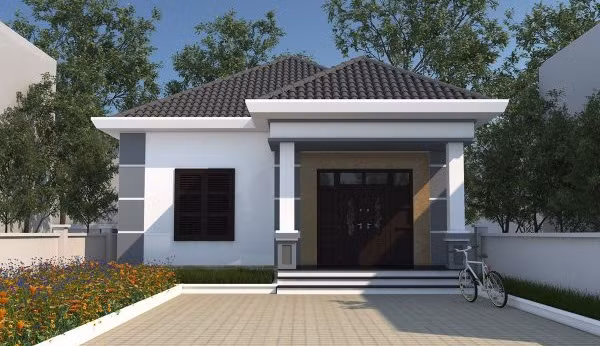 Phía trước nhà thiết kế giả cột kẻ chỉ màu trắng để giảm bớt sự đơn điệu cho phần mặt tiền. Ảnh: Thietkethicongnhadep.