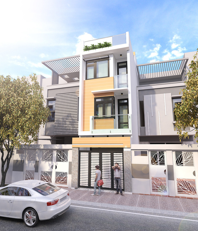 Mặt tiền nhà ống thiết kế theo phong cách đơn giản giúp giảm chi phí. Gam màu vàng trắng hài hòa tô điểm cho nhau. Ảnh: Song Phat Construction.