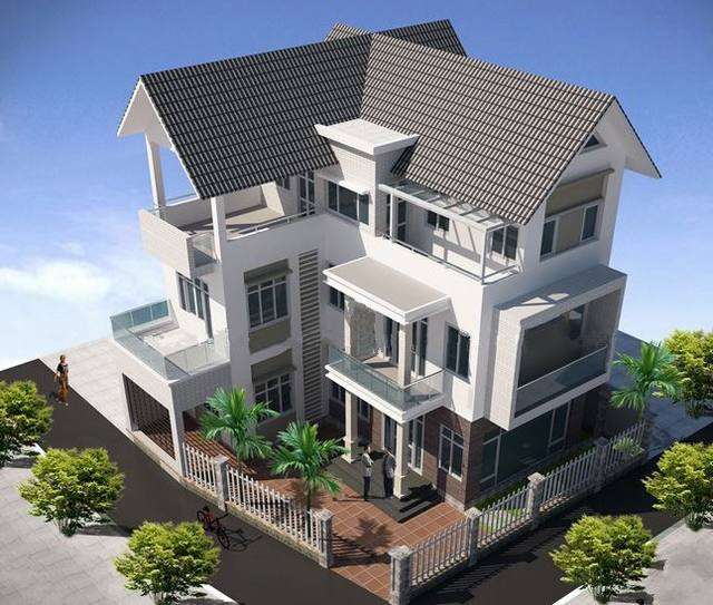 Mẫu biệt thự 3 tầng chữ L 200m2 mái thái cực đẹp. Ảnh: Kientrucadong.