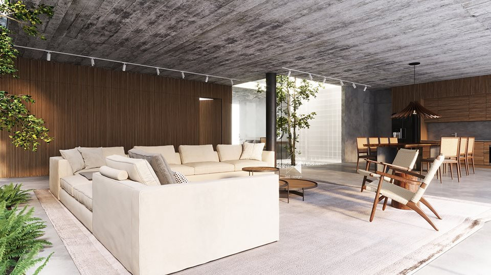 Phòng khách rộng với bộ ghế sofa cỡ lớn. Trần nhà sử dụng màu ghi xám mang phong cách công nghiệp.