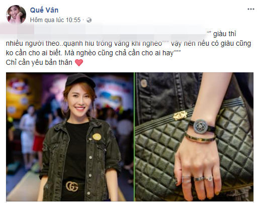 Mới đây, hình ảnh khoe phụ kiện đắt đỏ của Quế Vân đăng tải trên trang cá nhân đã khiến dân mạng xôn xao. Không ít người cho rằng cách khoe của Quế Vân hơi quá đà. Ảnh: FB Quế Vân.