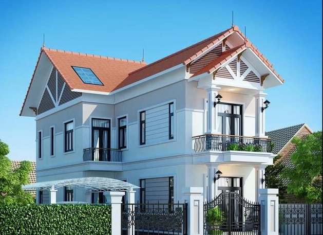 Biệt thự 2 tầng chữ L có sân rộng thoáng mát để xe ô tô. Ảnh: Thietkenhadepmoi.