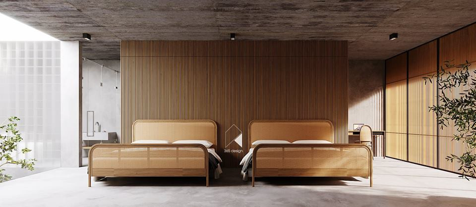 Phòng ngủ giường đôi thiết kế hai mặt tường kính tạo điều kiện cho ánh sáng tự nhiên tràn ngập không gian. Nguồn ảnh: 365 design