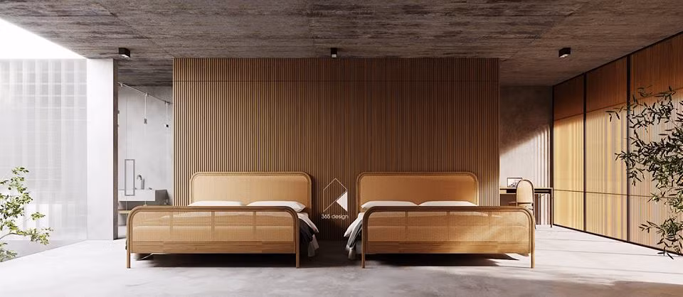 Phòng ngủ giường đôi thiết kế hai mặt tường kính tạo điều kiện cho ánh sáng tự nhiên tràn ngập không gian. Nguồn ảnh: 365 design