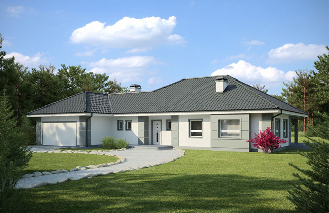 Nhà cấp 4 có thiết kế ống khói mang vẻ cổ điển, sân trước thoáng mát, rộng rãi, có thể tổ chức các bữa tiệc ngoài trời. Ảnh: Asiaarch2a.