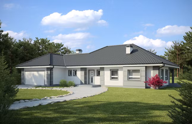 Nhà cấp 4 có thiết kế ống khói mang vẻ cổ điển, sân trước thoáng mát, rộng rãi, có thể tổ chức các bữa tiệc ngoài trời. Ảnh: Asiaarch2a.