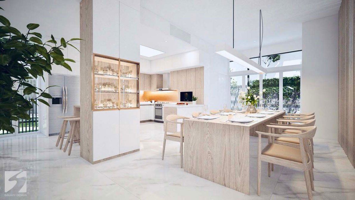 Phòng ăn thiết kế mở có tầm nhìn ra khoảng sân ngoài.