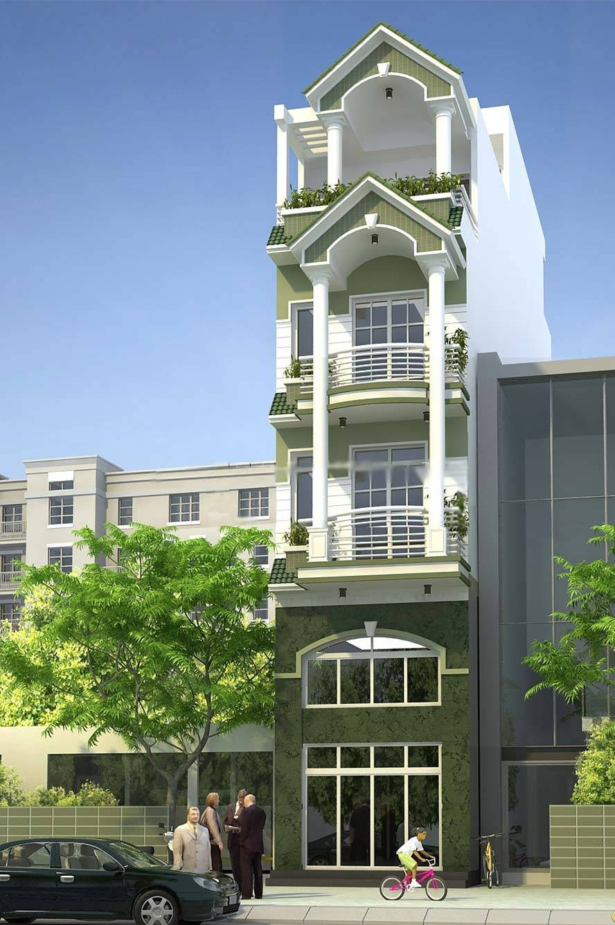 Mặt tiền màu xanh rêu mang đến vẻ đẹp mới lại cho kiến trúc nhà phố. Ảnh: Kientrucadong.