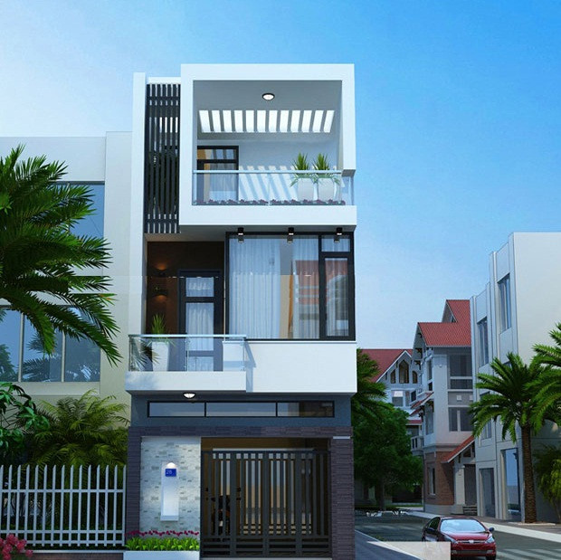 Nhà 2 tầng đơn giản về hình khối, mặt tiền sử dụng màu sắc nhẹ nhàng, sang trọng. Ảnh: Ytuongnhadep.