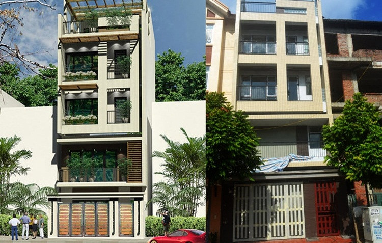 Mẫu nhà ống 6mx13m liền kề thiết kế cầu thang về phía dọc nhà và ép sát về một phía, tạo không gian mở. Ảnh: Ktshanoi.