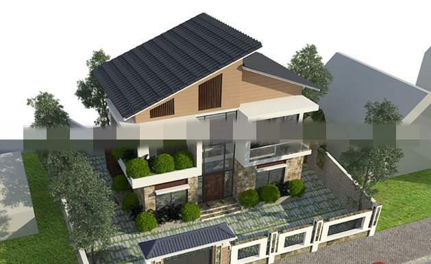 Nhà mái lệch đẹp hài hòa với gạch ốp 3D phía trước. Xung quanh là vườn hoa, cây cảnh. Ảnh: Maunhadep902.