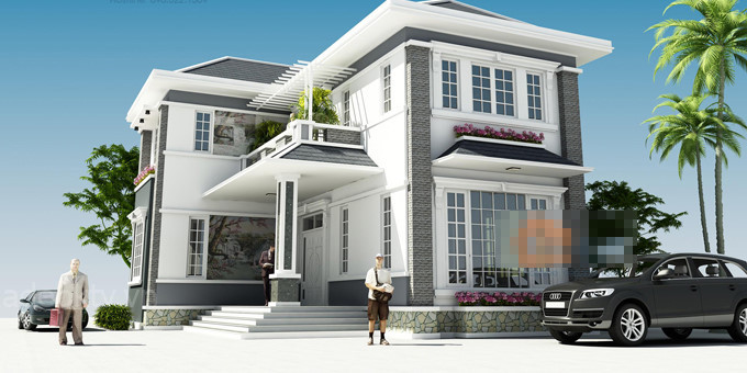 Ngôi nhà được thiết kế giản dị với mái dốc 4 chiều. Gam màu trắng và xanh ghi làm toát lên vẻ đẹp hiện đại của công trình. Ảnh: Kientaoviet.