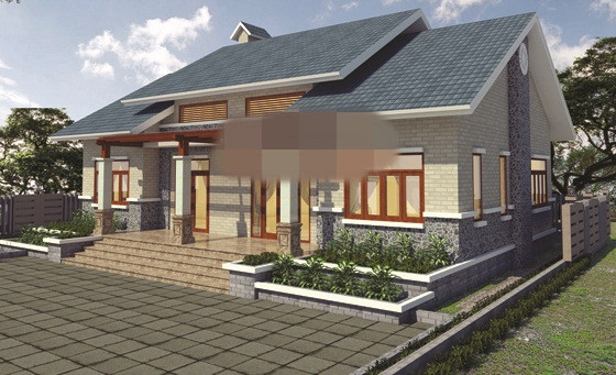 Ngôi nhà ấn tượng với gạch thẻ ốp tường màu ghi sang trọng. Ảnh: Angcovat.