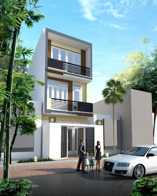 Mẫu nhà 3 tầng để có sân trước và sân sau kinh phí khoảng 770 triệu đồng. Ảnh: Kienthietviet.